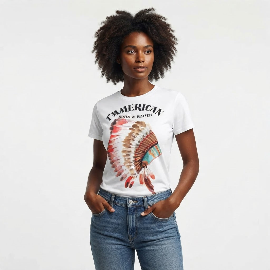 T'American Born and Raised Graphic T-Shirt Women's Patriotic Watercolor Headdress Tee