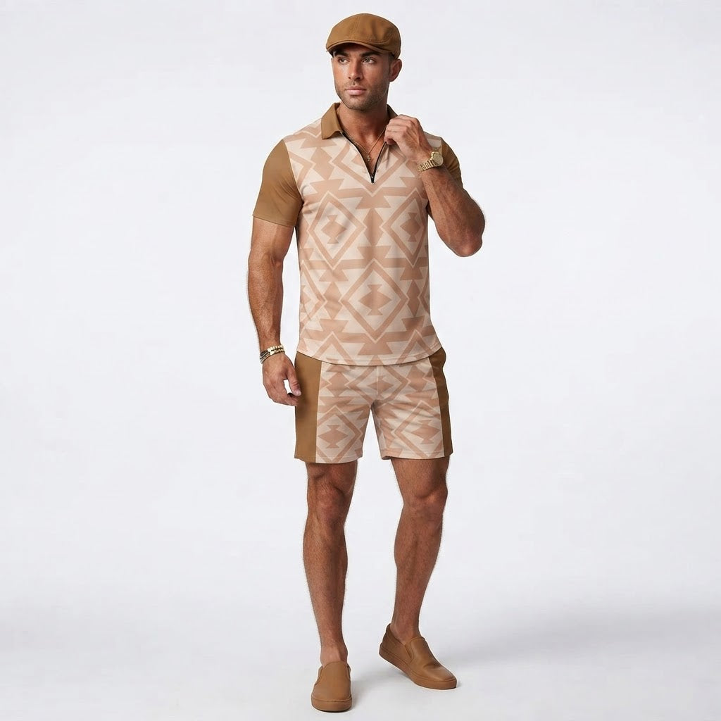 Mens Geometric Pattern Short Set Summer Polo and Shorts Outfit Tan Brown Resort Wear