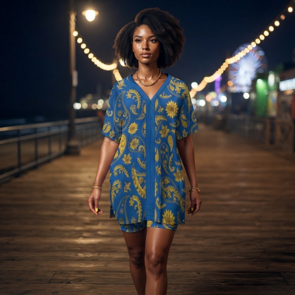 Blue and Gold Paisley Two Piece Set V Neck Dolman Sleeve Top and Shorts Loungewear Outfit
