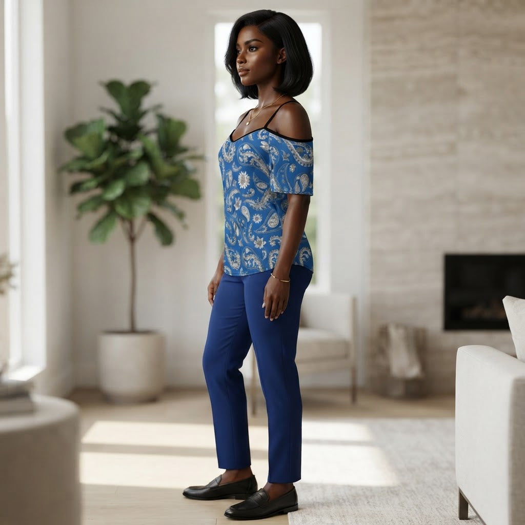 Blue Paisley Print Cold Shoulder Top Adjustable Strap Flowy Chiffon Summer Blouse