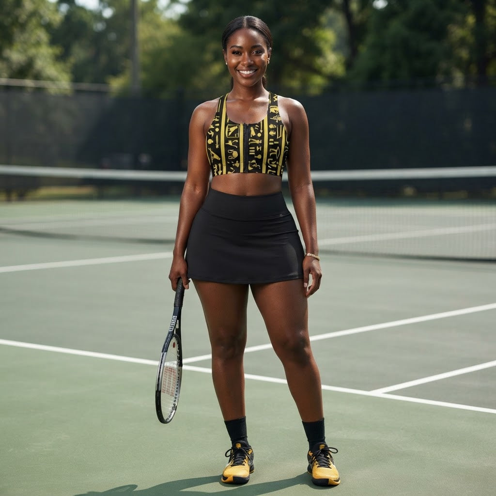 Egyptian Hieroglyph Print Zip Front Sports Bra Unique Yoga Crop Top Activewear