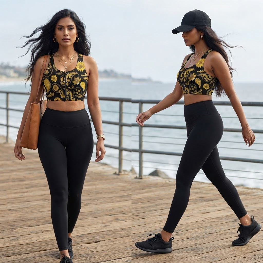Black and Gold Paisley Yoga Zipper Front Sports Bra Sleeveless Athletic Crop Top