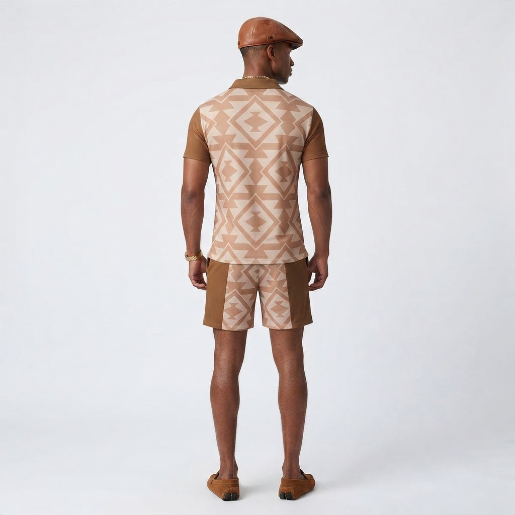 Mens Geometric Pattern Short Set Summer Polo and Shorts Outfit Tan Brown Resort Wear