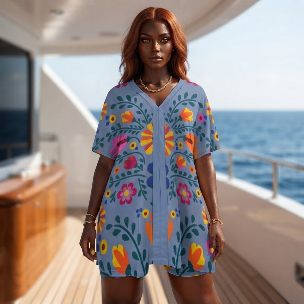 Vibrant Floral Print Two Piece Set Boho V Neck Top Shorts Women's Casual Lounge Wear