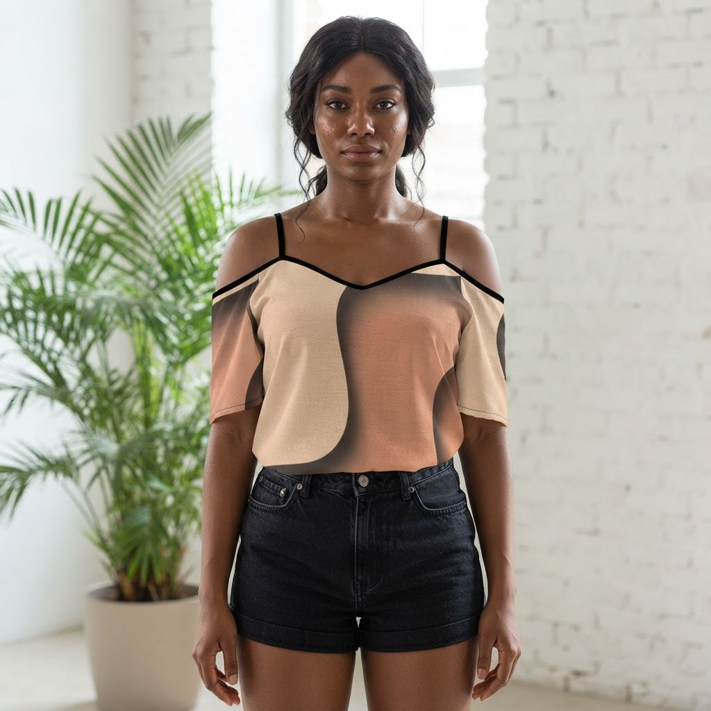 Chic Abstract Print Cold Shoulder Top Summer Blouse Elegant Flowy Casual Shirt