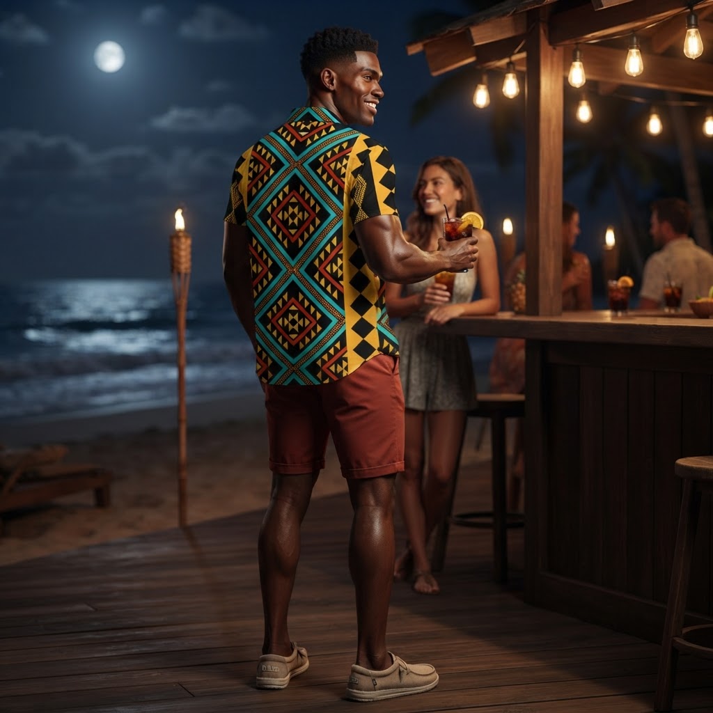 Mens Geometric Print Hawaiian Shirt Vibrant Aztec Pattern Summer Beach Vacation Button Down Shirt