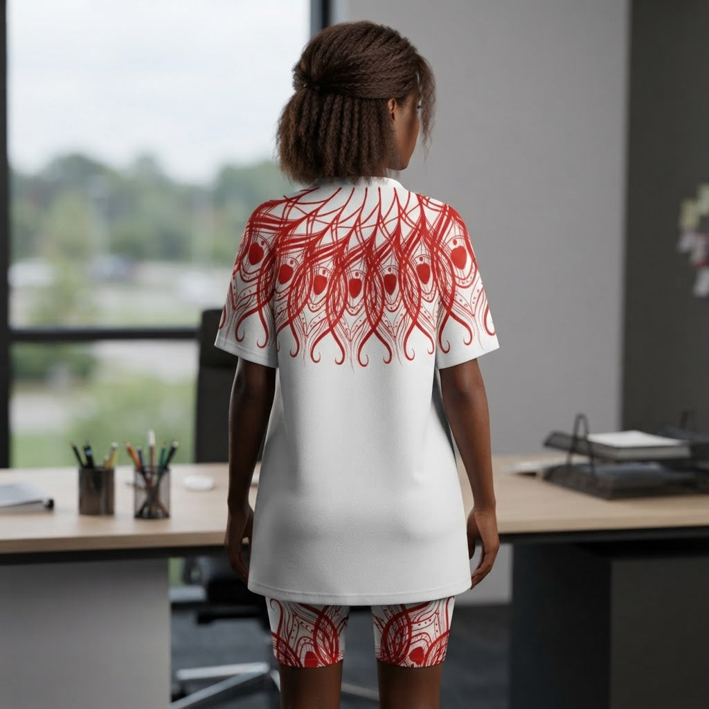 Red Feather Print Two Piece Lounge Set V Neck Top and Shorts Soft Casual Outfit