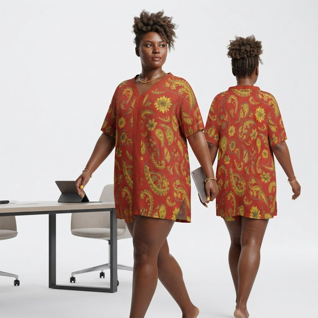 Red Paisley Floral Two Piece Short Set Comfortable V Neck Loungewear Casual Summer Outfit Plus Size Available