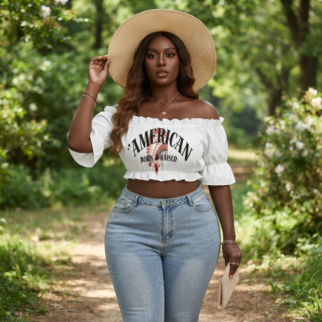 American Born Raised Off the Shoulder Ruffle Crop Top White Boho Blouse