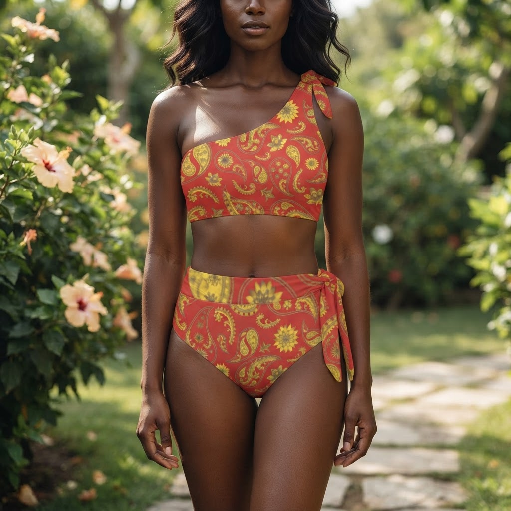 Red Paisley Floral One Shoulder Bikini High Waisted Swimsuit