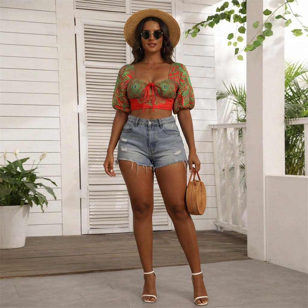 Boho Red and Green Mandala Print Crop Top Puff Sleeve Summer Blouse