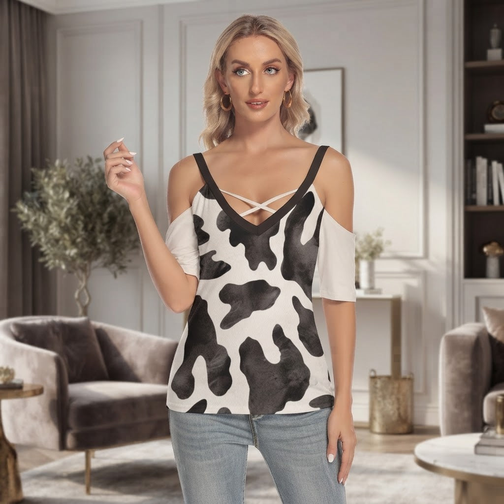 Stylish Cold Shoulder Blouse in Cow Print Casual Top for Summer Outfits