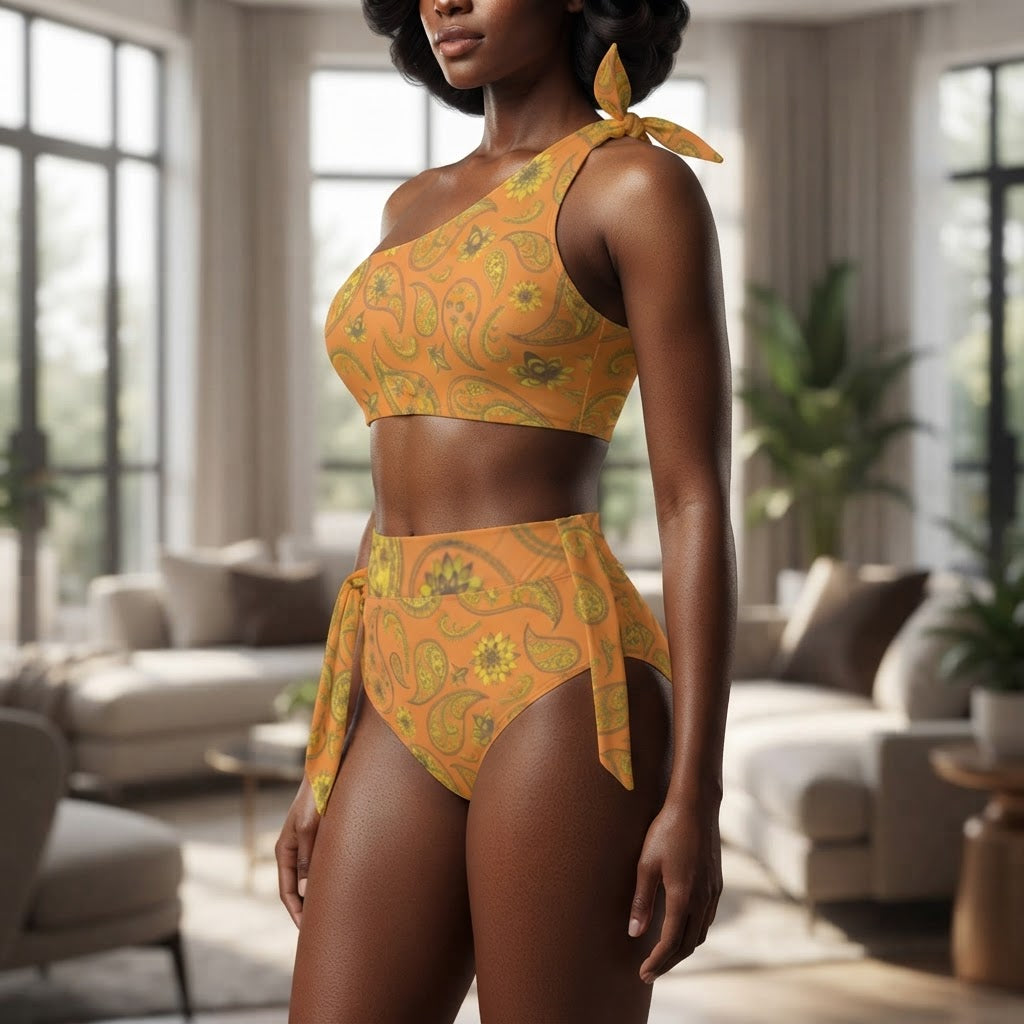 Orange Paisley One Shoulder Bikini Set High Waisted Swimsuit