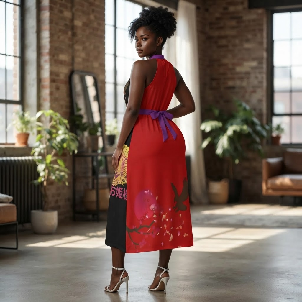 Japanese Style Dragon Geisha Halter Dress with Sash Belt Elegant High Slit Summer Maxi Dress