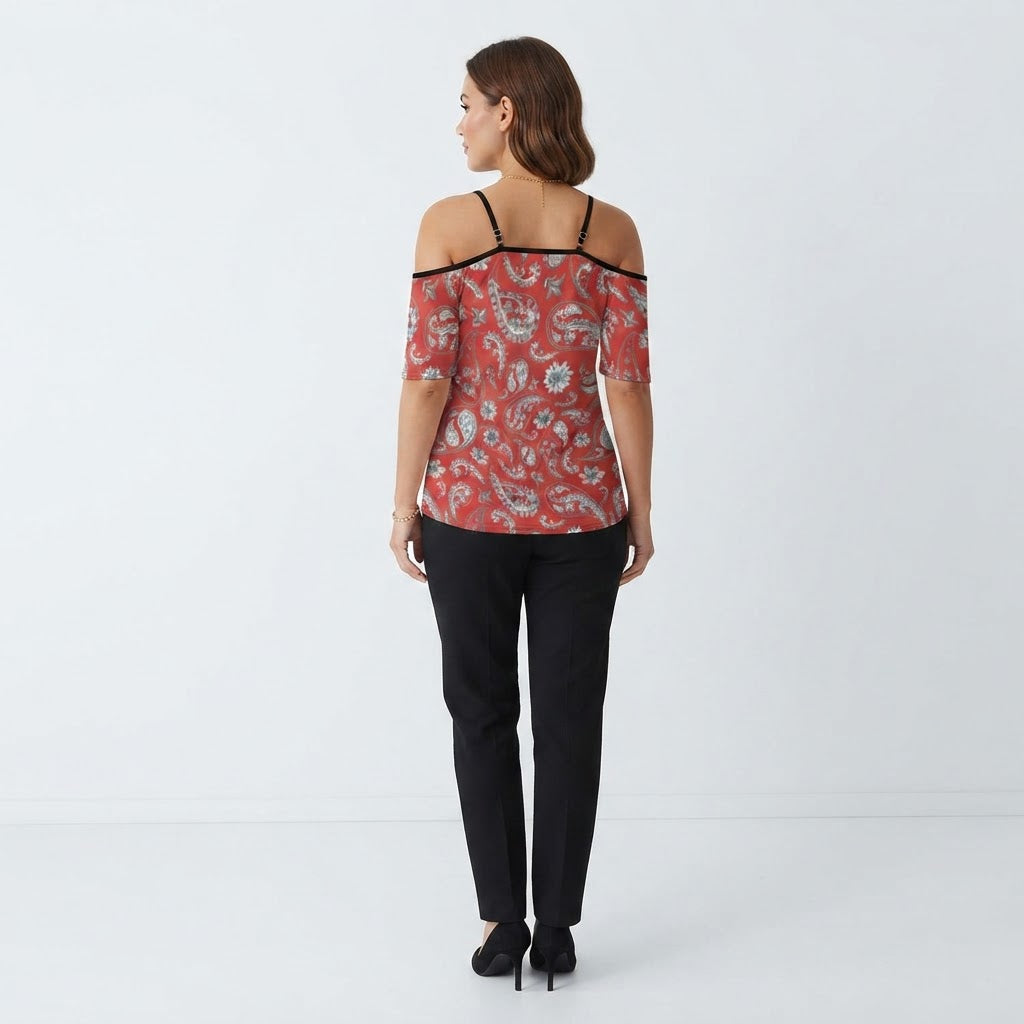 Red Paisley Off the Shoulder Chiffon Top Adjustable Strap Flowy Bohemian Summer Blouse