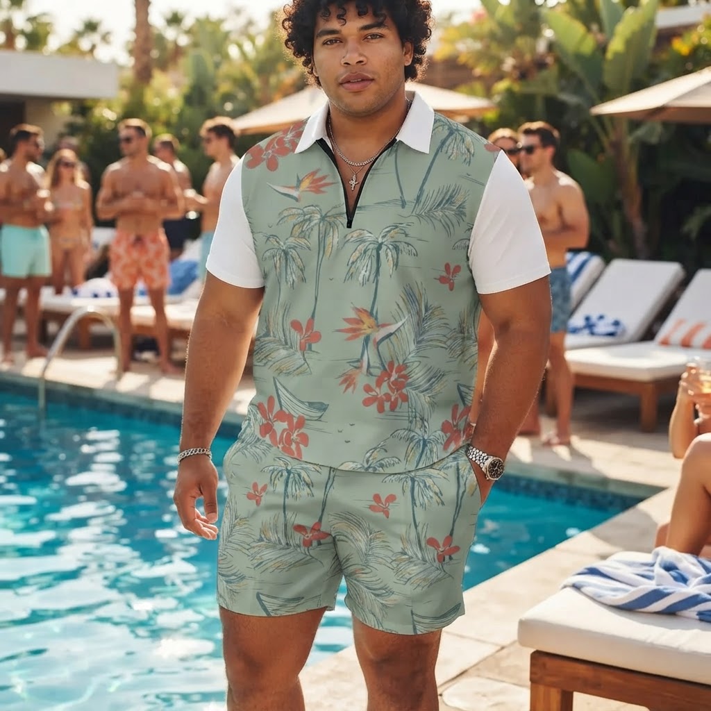 Mens Tropical Palm Print Short Set Vacation Polo and Shorts Outfit