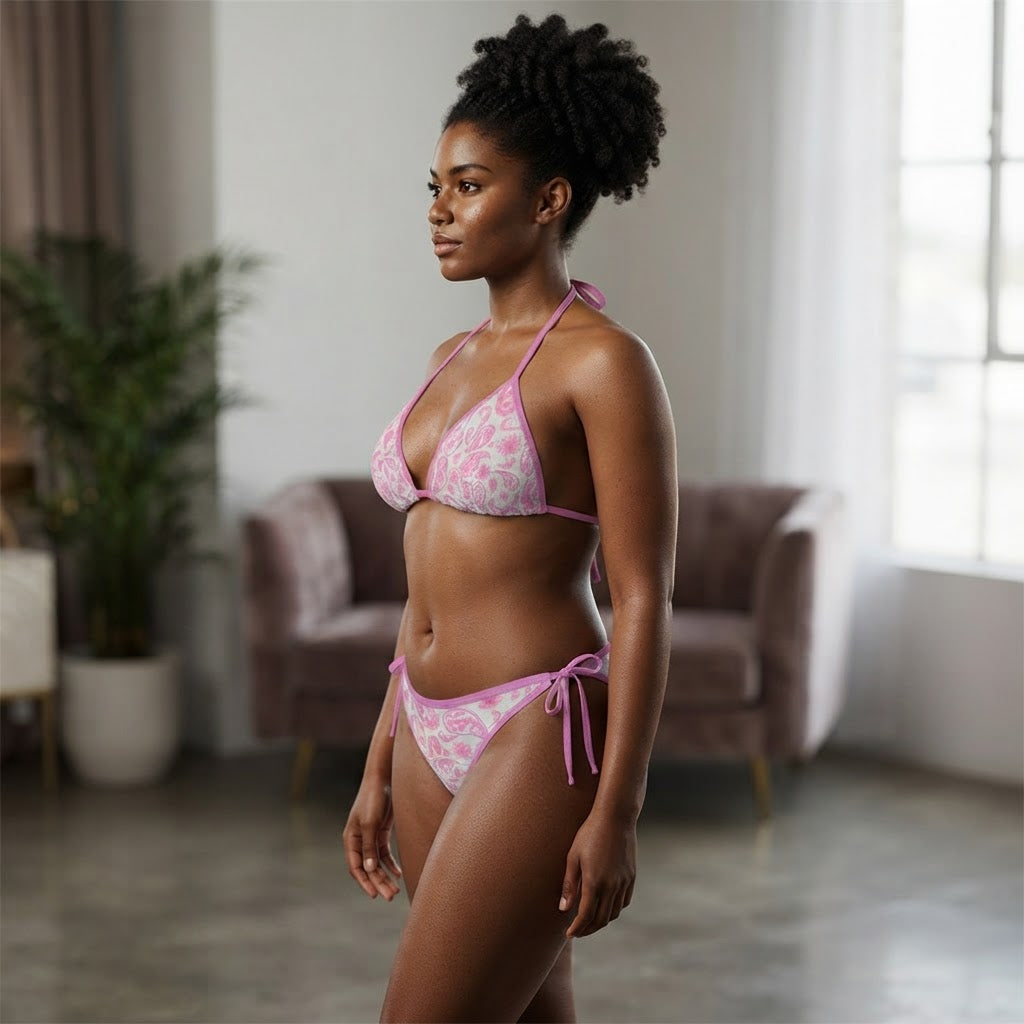 Pink Paisley Print String Bikini Set Women Triangle Swimsuit Beachwear