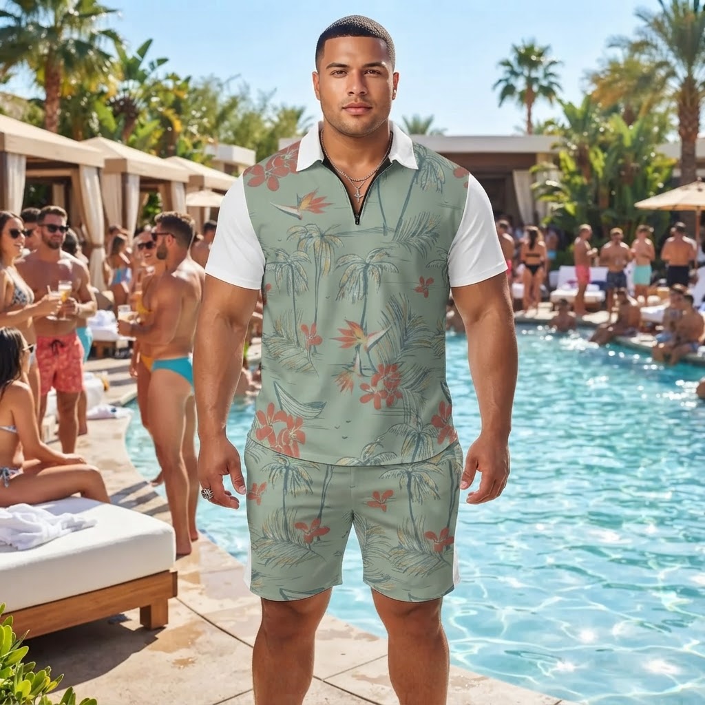 Mens Tropical Palm Print Short Set Vacation Polo and Shorts Outfit