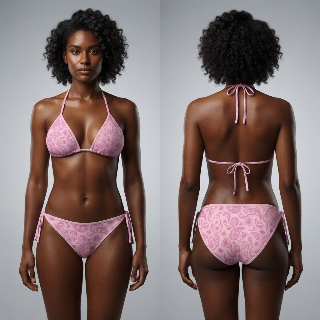 Pink Paisley Print Bikini Set Adjustable Halter Triangle Swimsuit for Beach Vacation