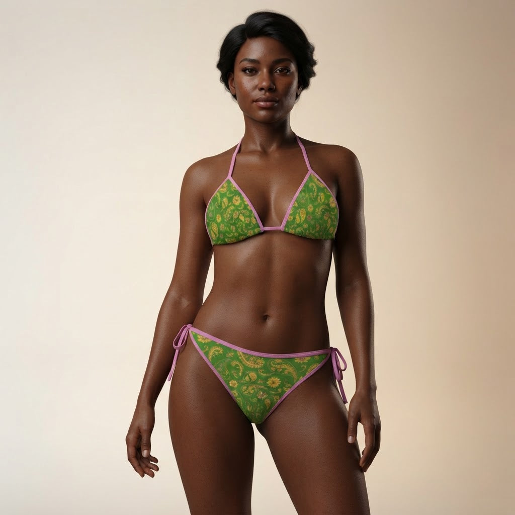 Green Paisley Sunflower Print Bikini Set with Pink Trim Adjustable Swimsuit