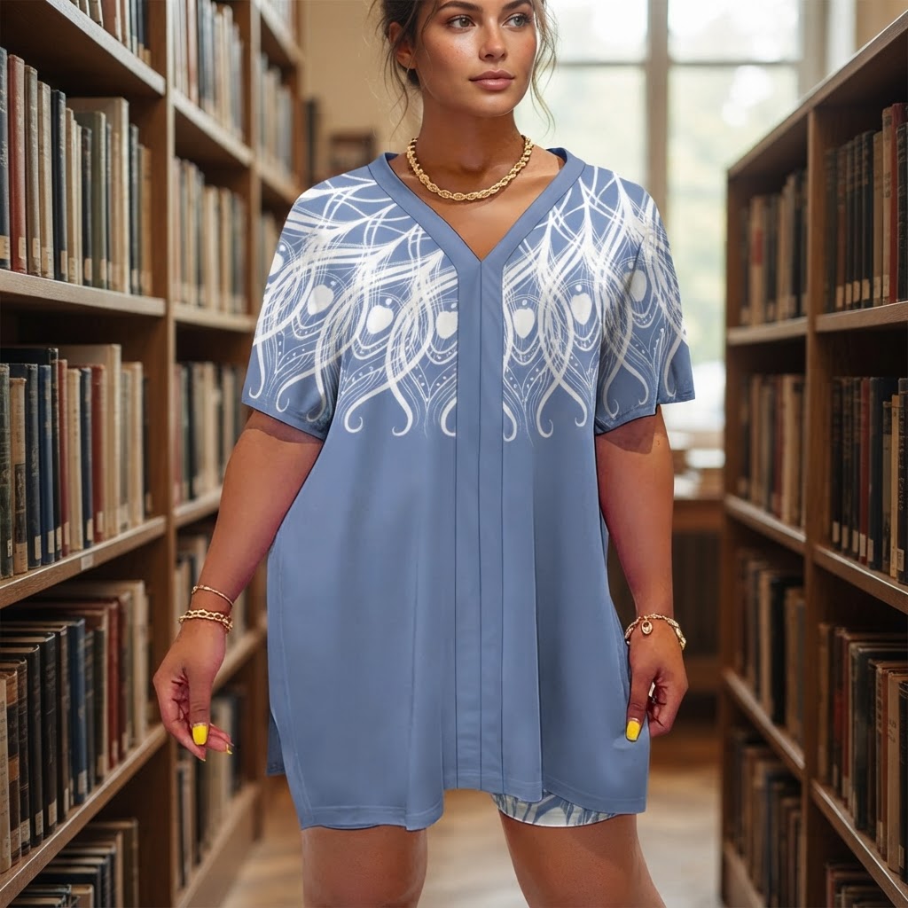 Boho Chic V Neck Lounge Set Blue Peacock Print Two Piece Short Suit Comfortable Casual Wear For Women