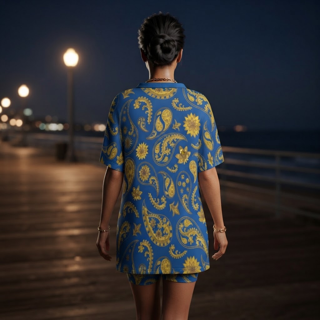 Blue and Gold Paisley Two Piece Set V Neck Dolman Sleeve Top and Shorts Loungewear Outfit