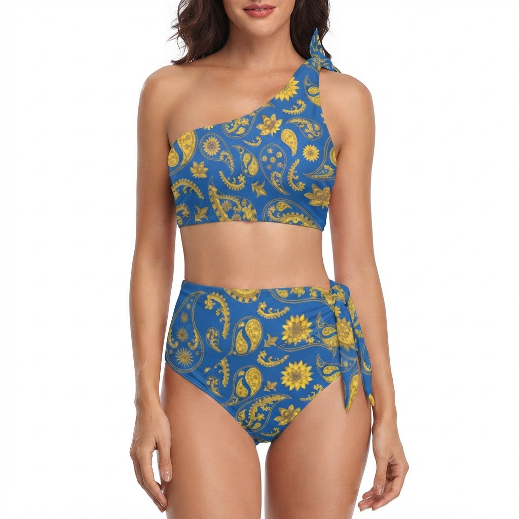 Women One Shoulder Paisley Bikini High Waisted Floral Swimsuit Set