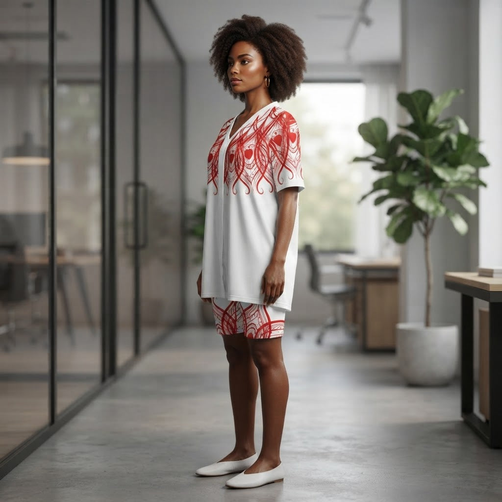 Red Feather Print Two Piece Lounge Set V Neck Top and Shorts Soft Casual Outfit