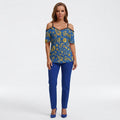 Blue and Gold Paisley Cold Shoulder Top Elegant Adjustable Strap Boho Blouse Summer Fashion Women Casual Tee