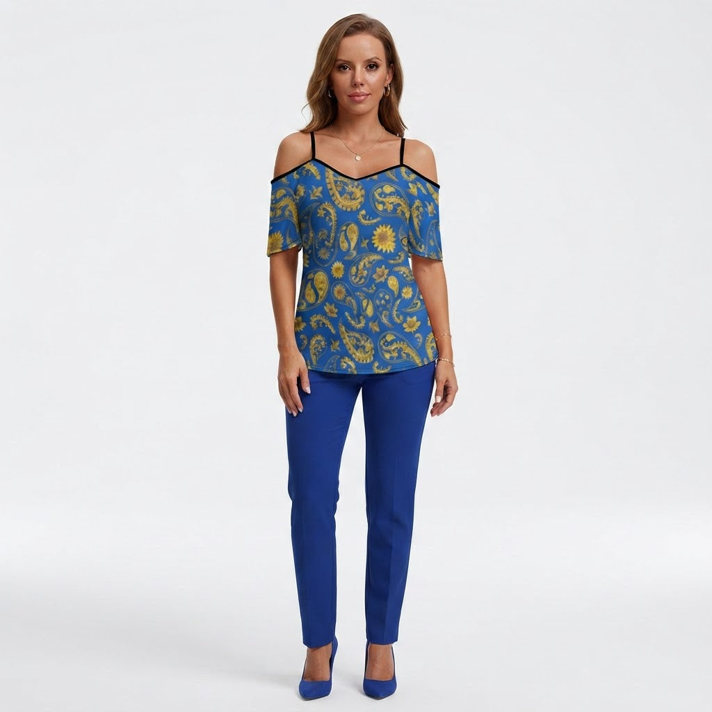 Blue and Gold Paisley Cold Shoulder Top Elegant Adjustable Strap Boho Blouse Summer Fashion Women Casual Tee