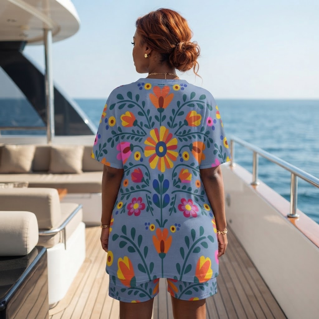 Vibrant Floral Print Two Piece Set Boho V Neck Top Shorts Women's Casual Lounge Wear