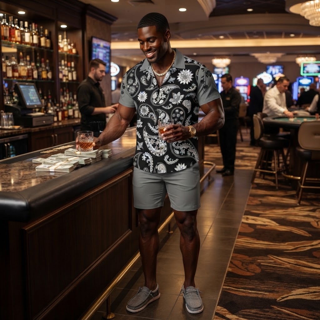 Mens Black and Grey Paisley Floral Print Button Down Short Sleeve Shirt Modern Resort Wear