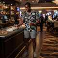 Mens Black and Grey Paisley Floral Print Button Down Short Sleeve Shirt Modern Resort Wear