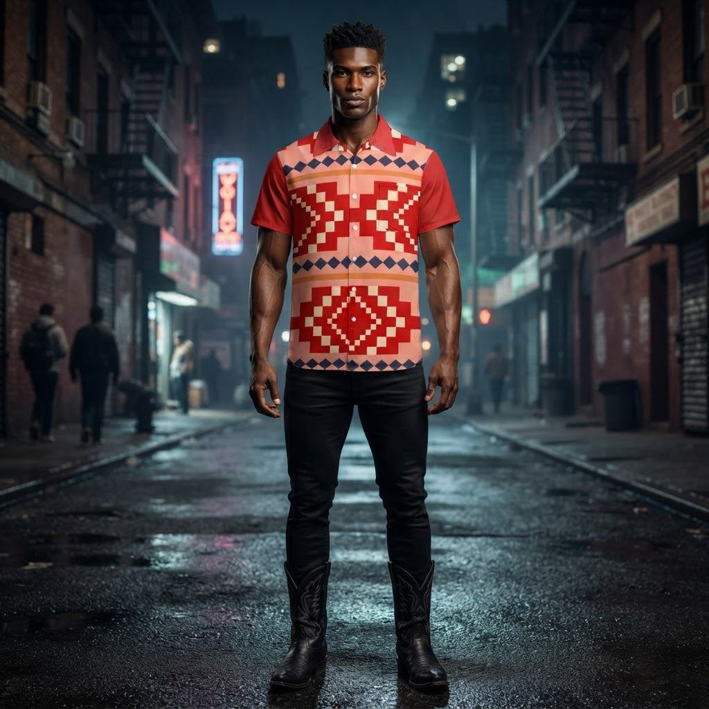 Mens Geometric Print Button Up Shirt Short Sleeve Retro Southwest Style Summer Top