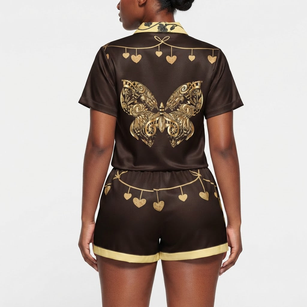 Luxury Gold Butterfly Silk Pajama Set Black Lounge Set Matching Sleepwear Set