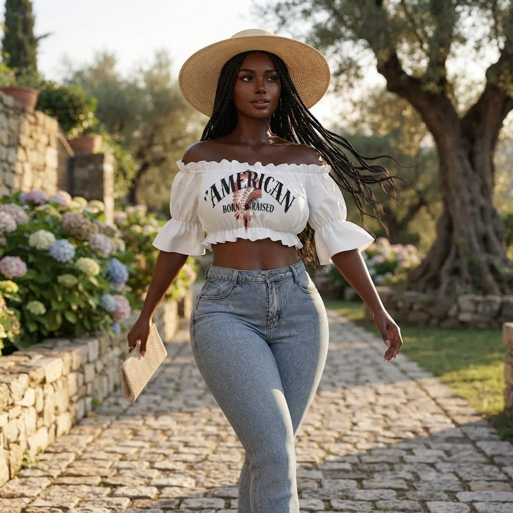American Born Raised Off the Shoulder Ruffle Crop Top White Boho Blouse