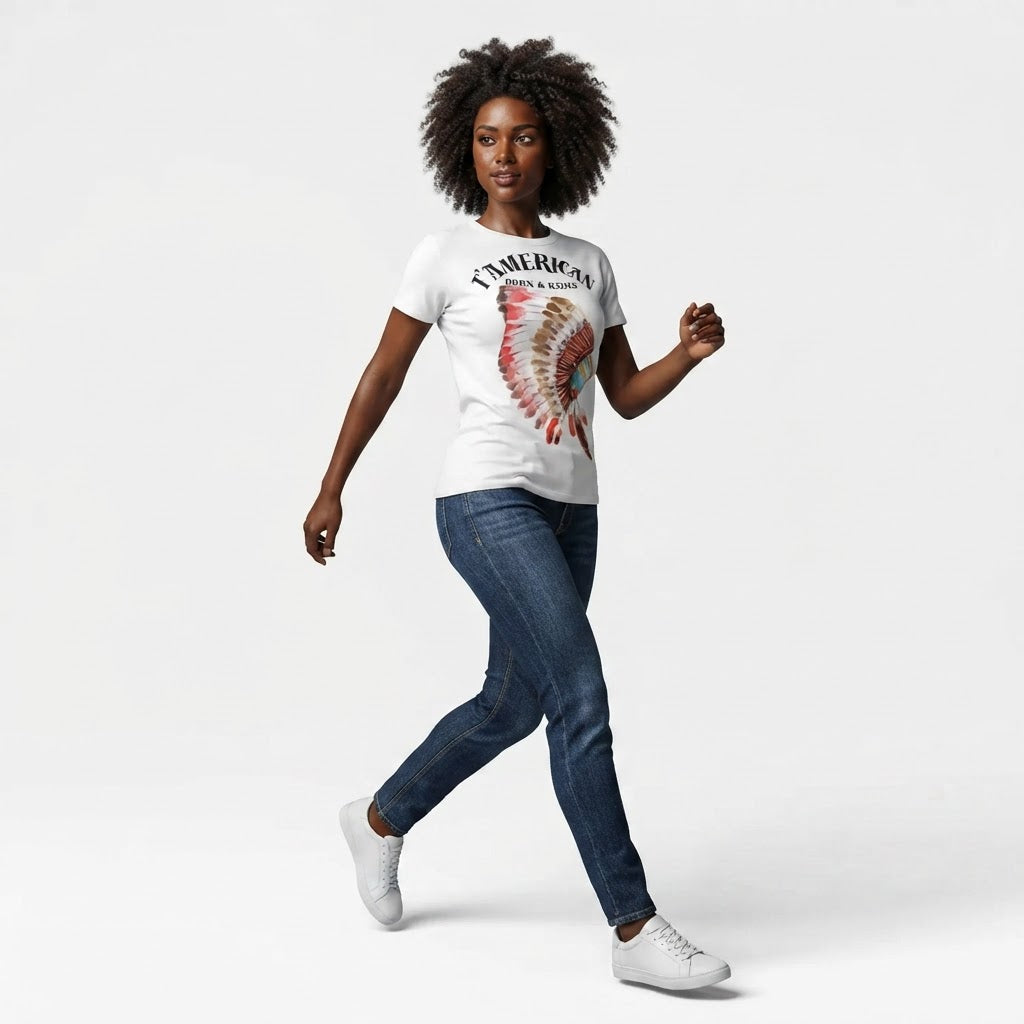 T'American Born and Raised Graphic T-Shirt Women's Patriotic Watercolor Headdress Tee