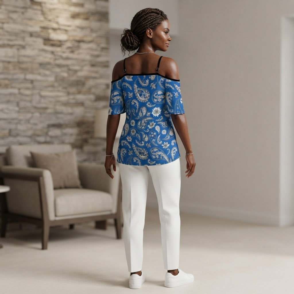 Blue Paisley Print Cold Shoulder Top Adjustable Strap Flowy Chiffon Summer Blouse