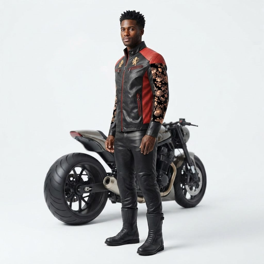 Mens Designer Lion Motif Faux Leather Motorcycle Jacket with Floral Sleeves