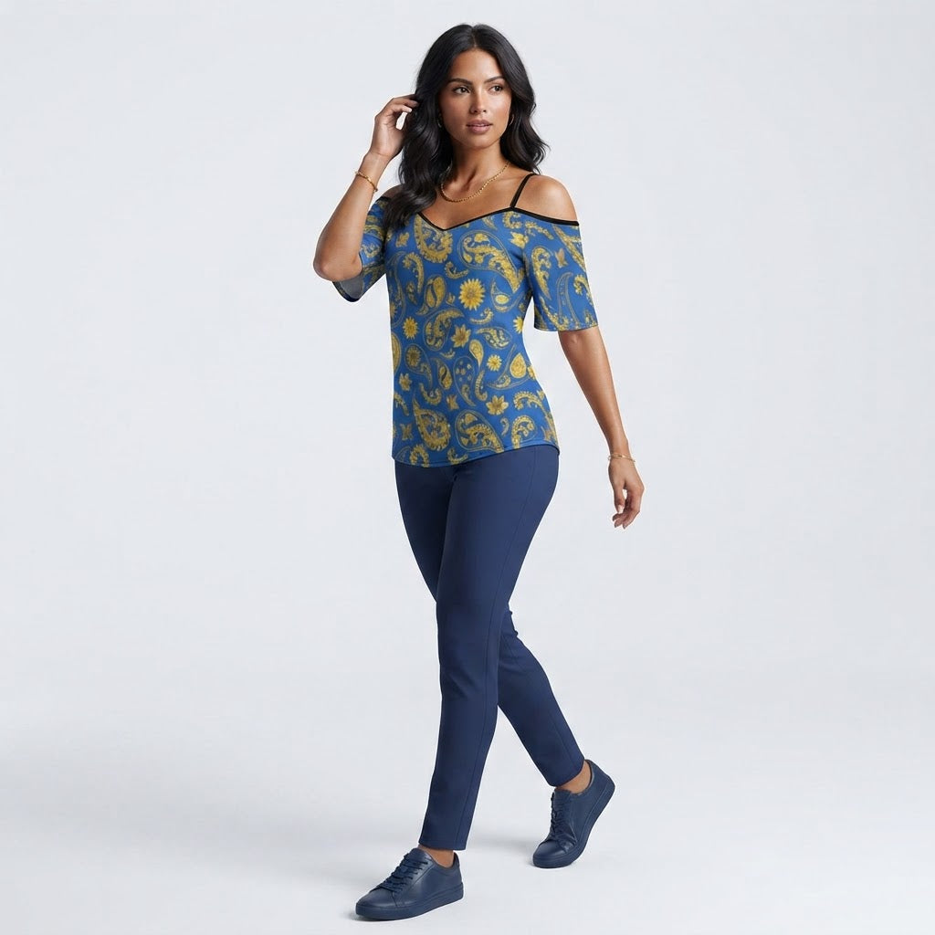 Blue and Gold Paisley Cold Shoulder Top Elegant Adjustable Strap Boho Blouse Summer Fashion Women Casual Tee