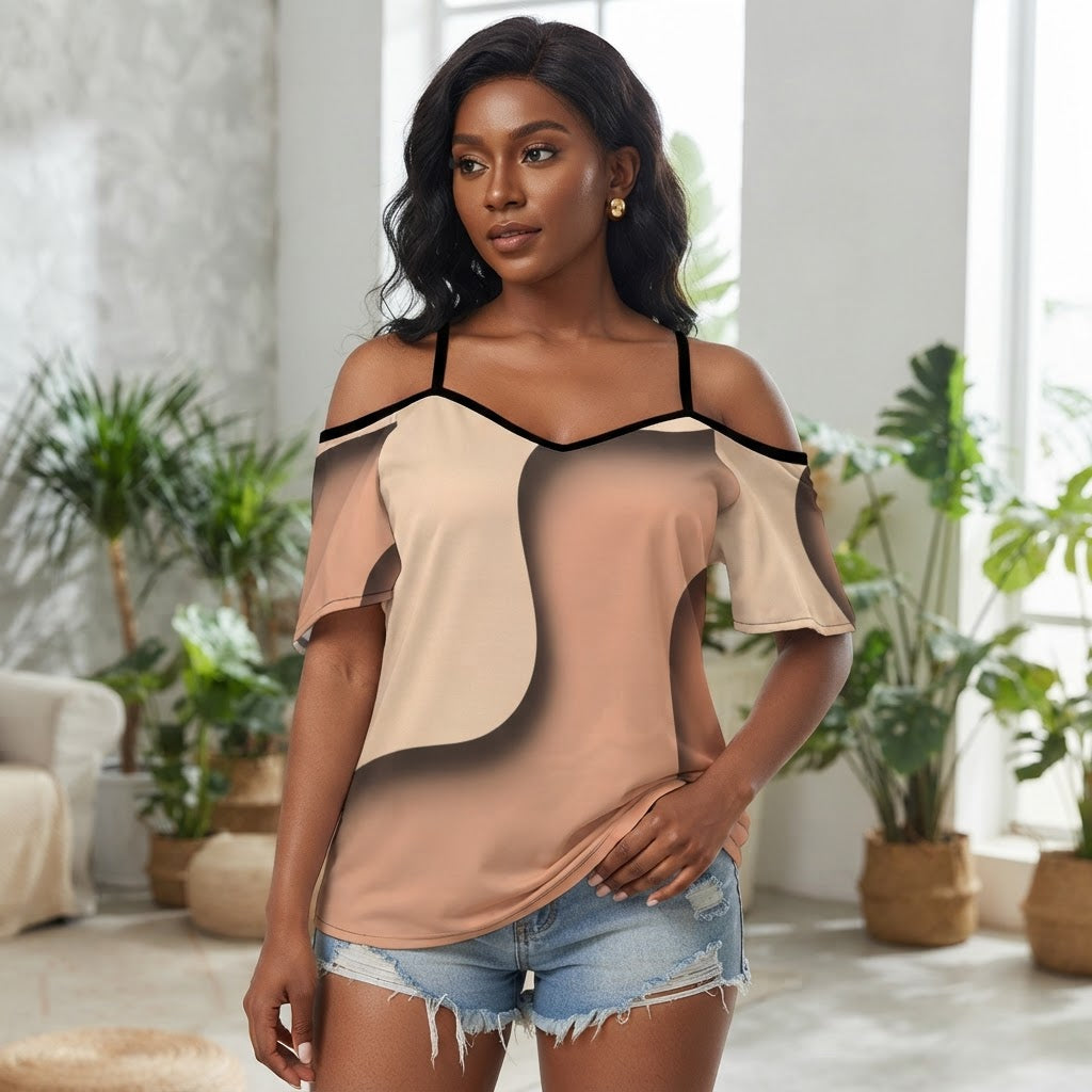 Chic Abstract Print Cold Shoulder Top Summer Blouse Elegant Flowy Casual Shirt