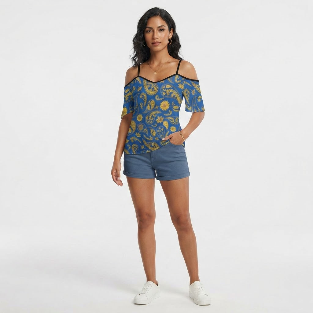 Blue and Gold Paisley Cold Shoulder Top Elegant Adjustable Strap Boho Blouse Summer Fashion Women Casual Tee