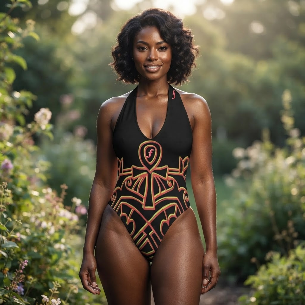 Tribal Print Halter Swimsuit Unique Geometric One Piece Bodysuit for Beach and Pool