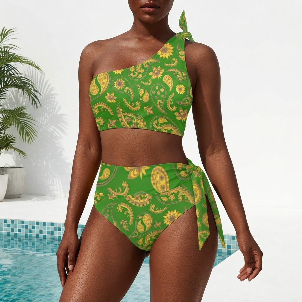 Green Paisley One Shoulder Bikini Set High Waisted Summer Swimsuit for Women