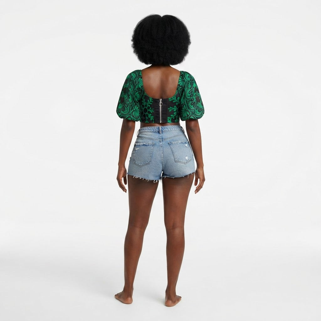 Green Floral Print Corset Crop Top Puff Sleeve Bohemian Blouse