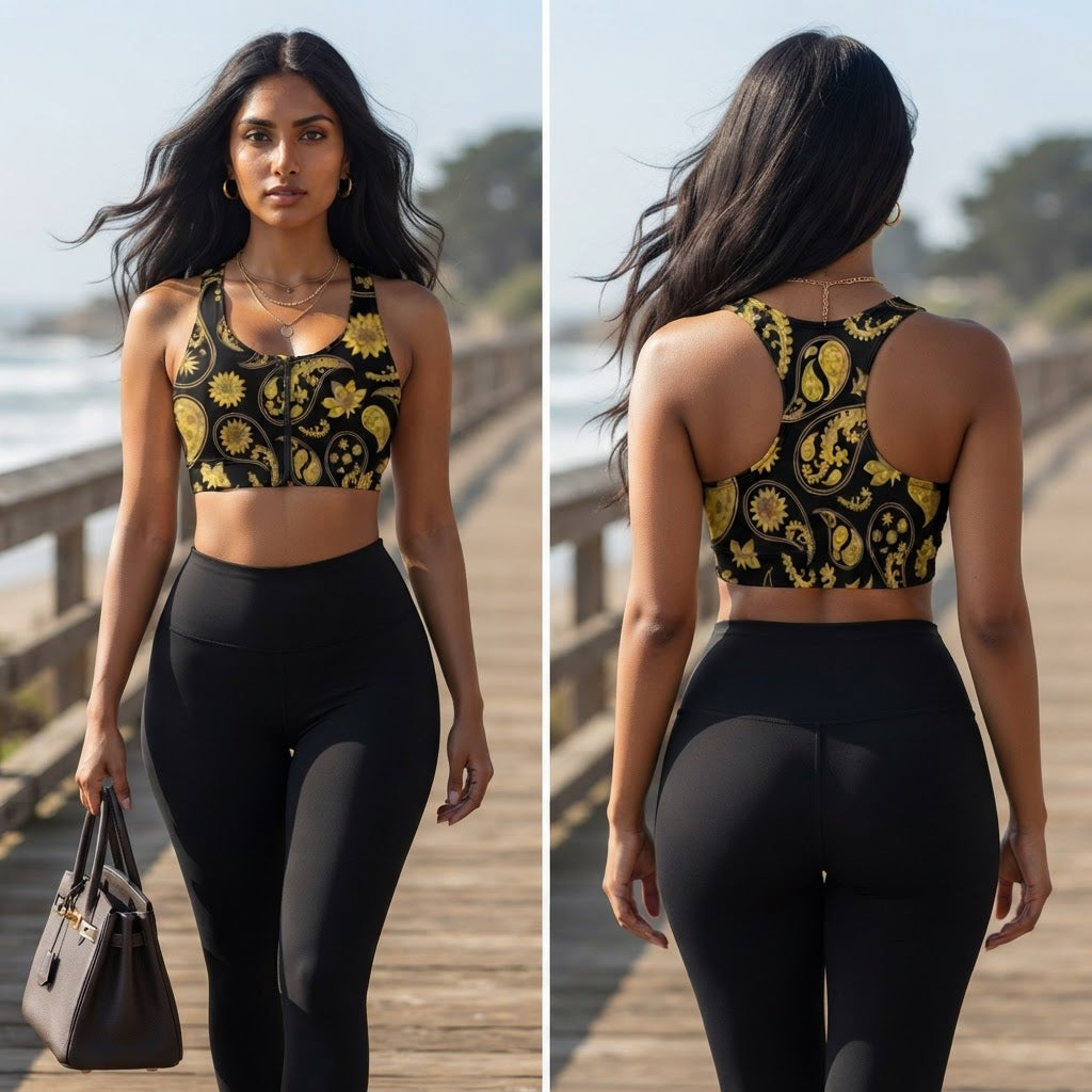 Black and Gold Paisley Yoga Zipper Front Sports Bra Sleeveless Athletic Crop Top