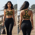 Black and Gold Paisley Yoga Zipper Front Sports Bra Sleeveless Athletic Crop Top