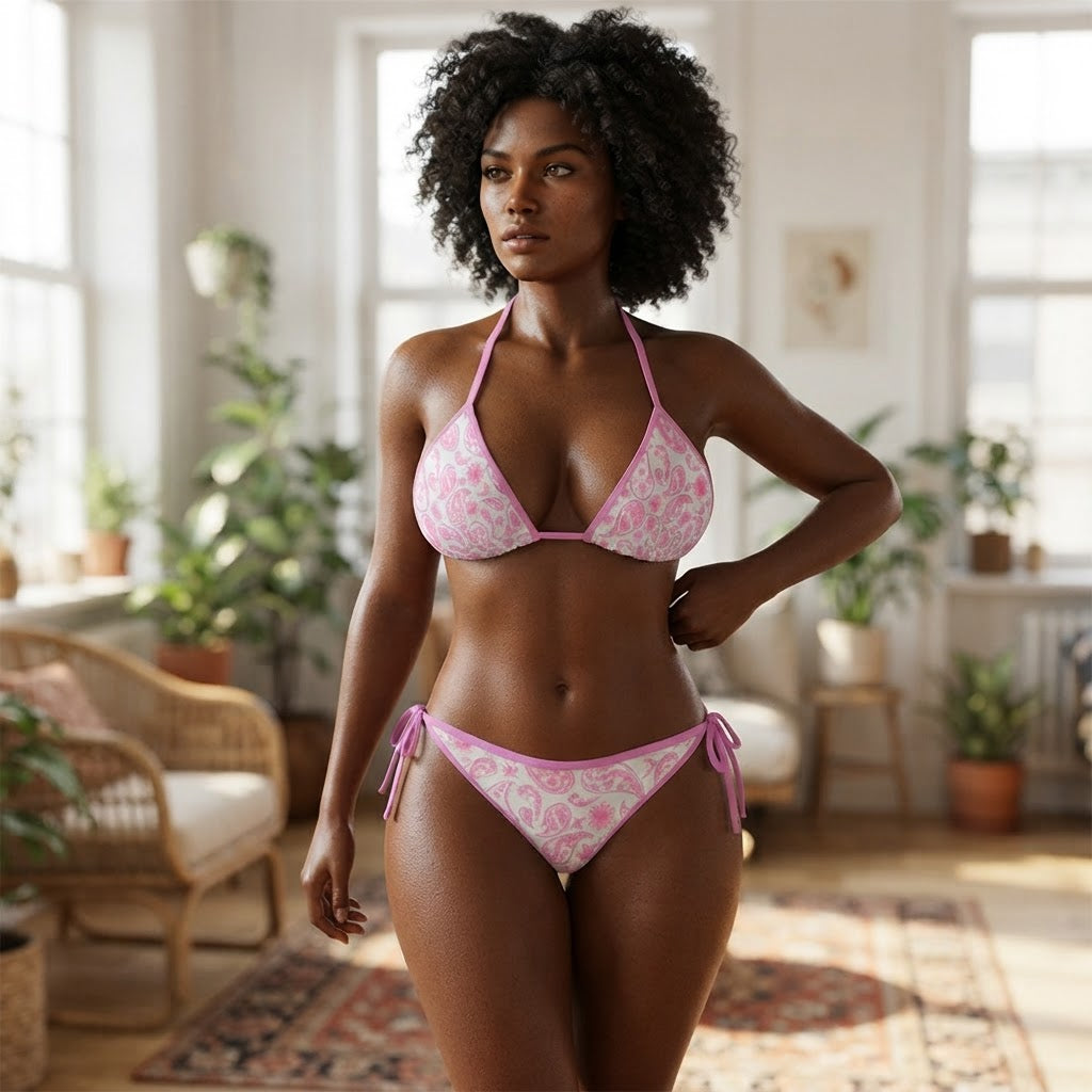 Pink Paisley Print String Bikini Set Women Triangle Swimsuit Beachwear