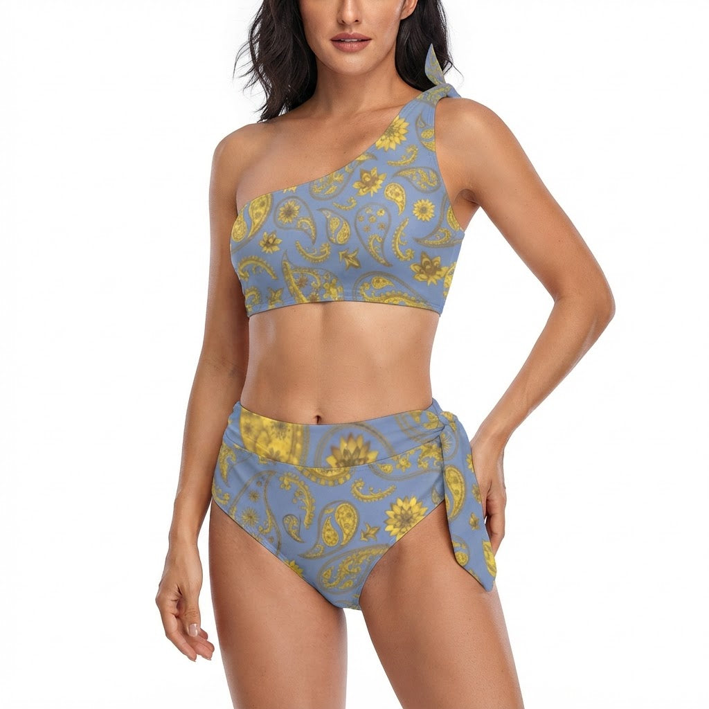 Blue and Gold Paisley One Shoulder High Waisted Bikini Set Sexy Summer Swimsuit