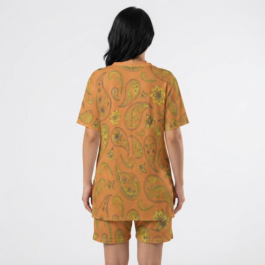 Boho Paisley V Neck Loungewear Set Comfy Two Piece Shorts Outfit